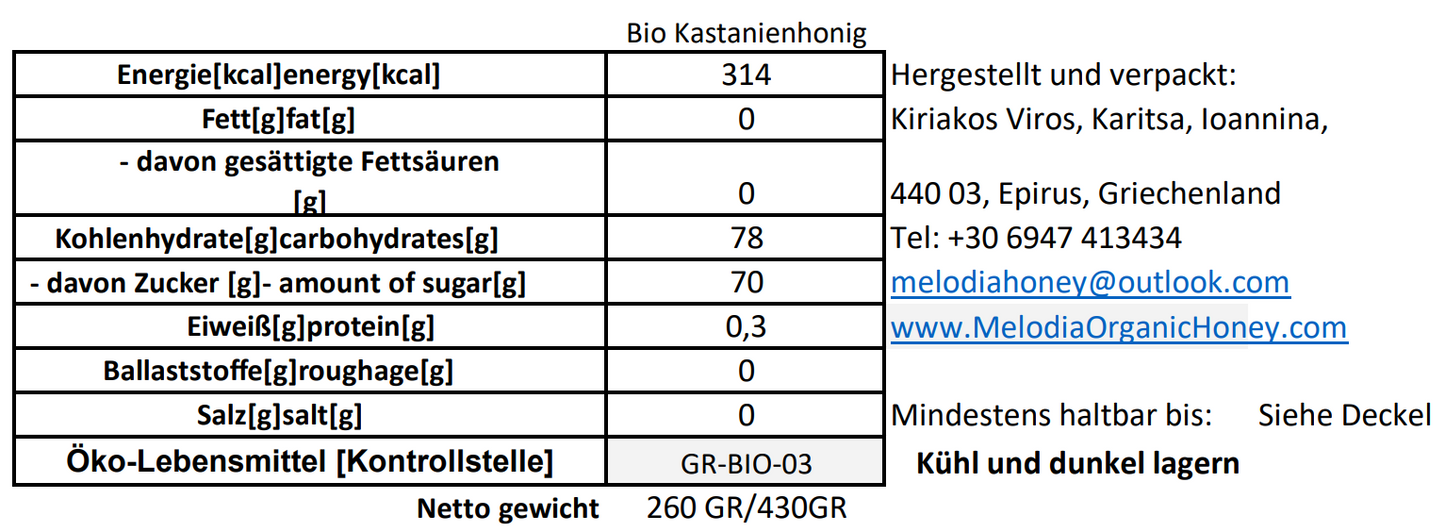 Melodia Bio Kastanienhonig 430gr