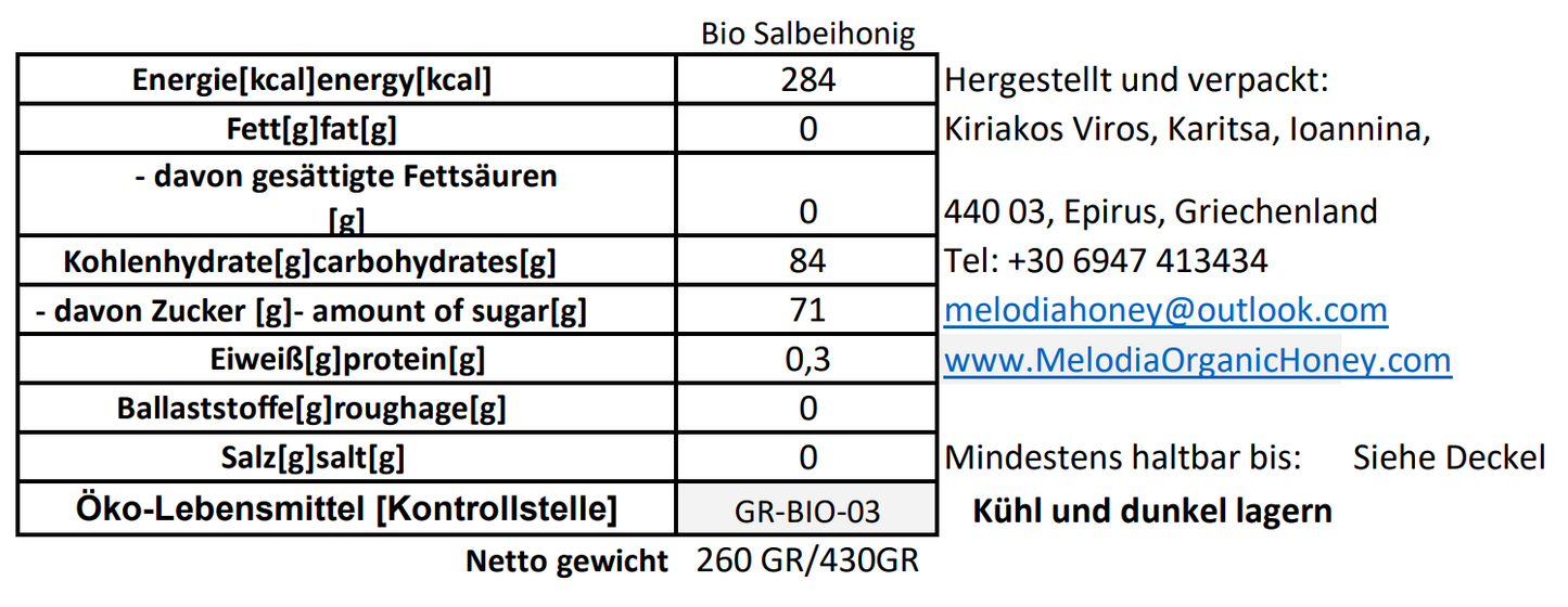 Melodia Bio Salbeihonig 260gr