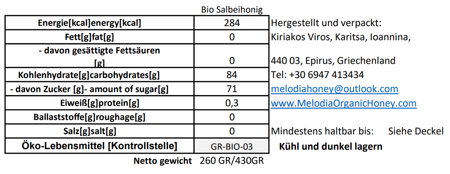 Melodia Bio Salbeihonig 430gr