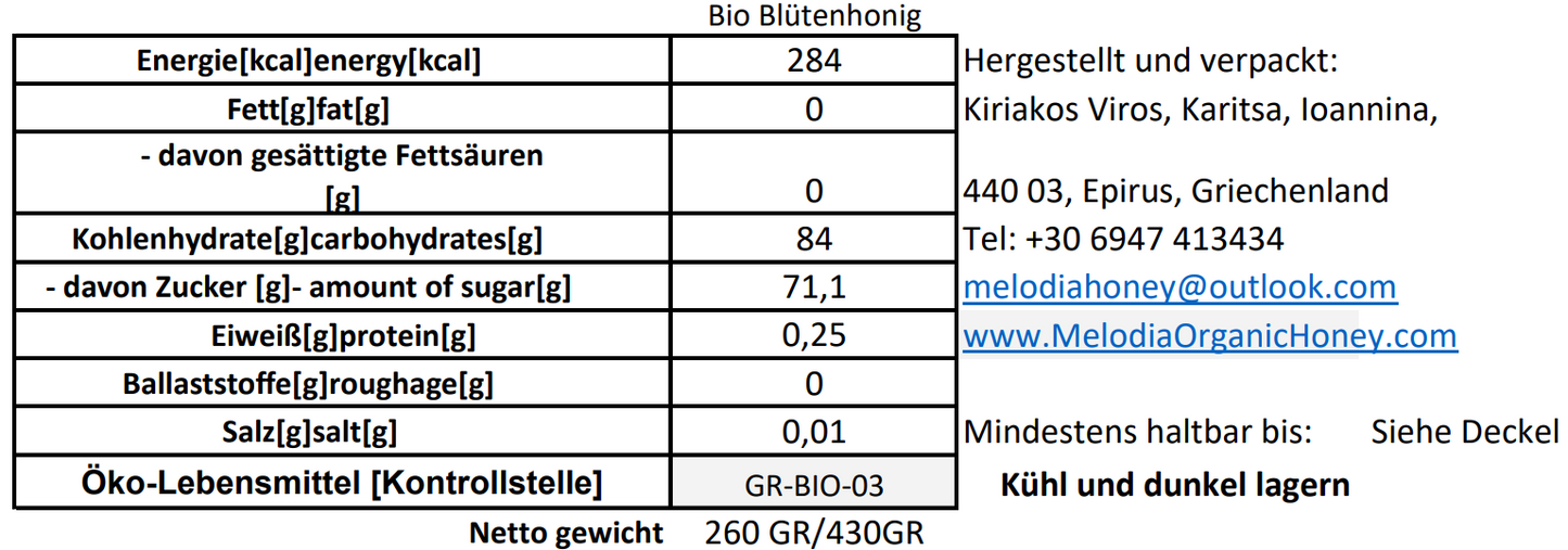 Melodia Bio Blütennhonig 260gr