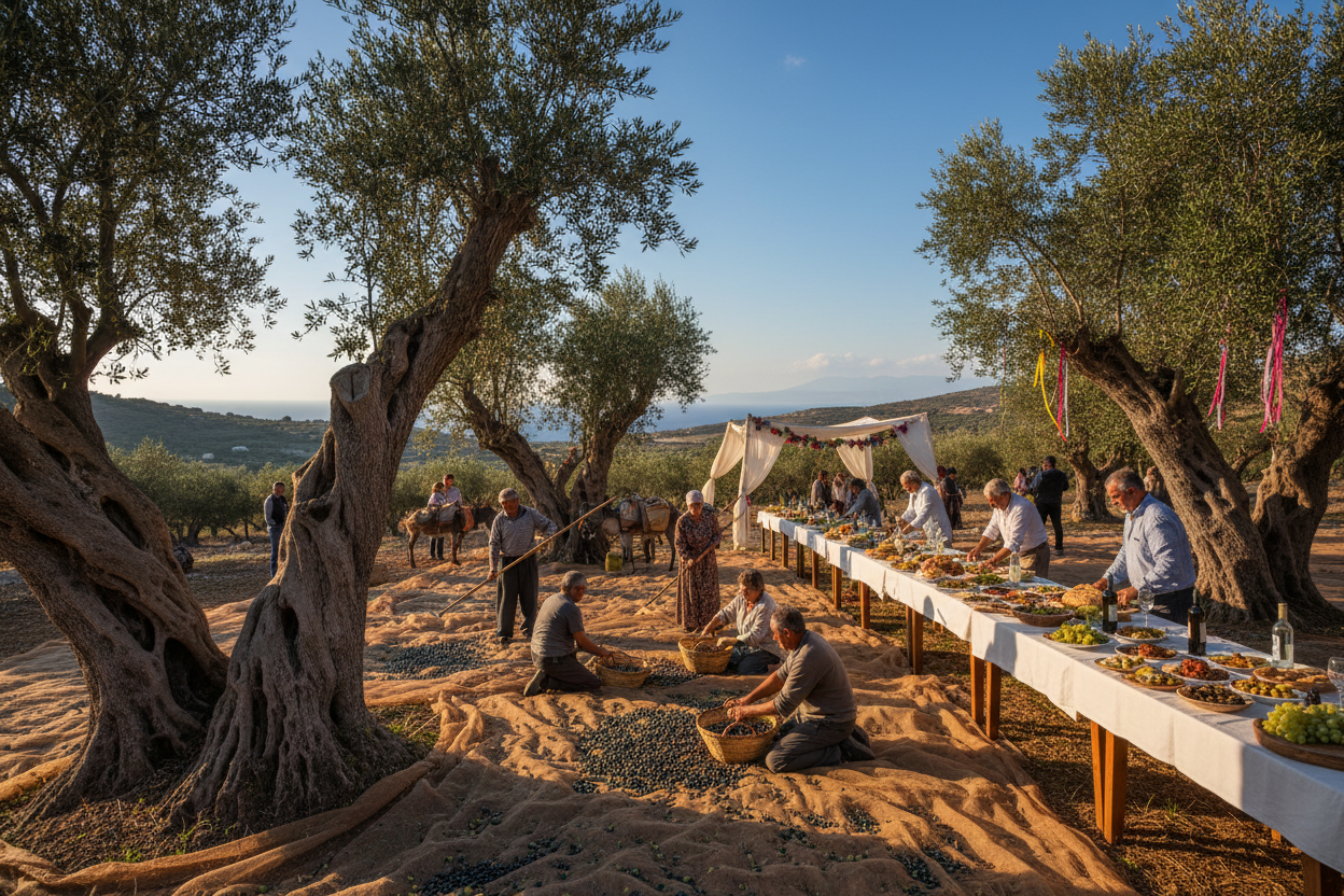 oliven ernte auf kreta, im Hintergrund die Vorbereitung der feier