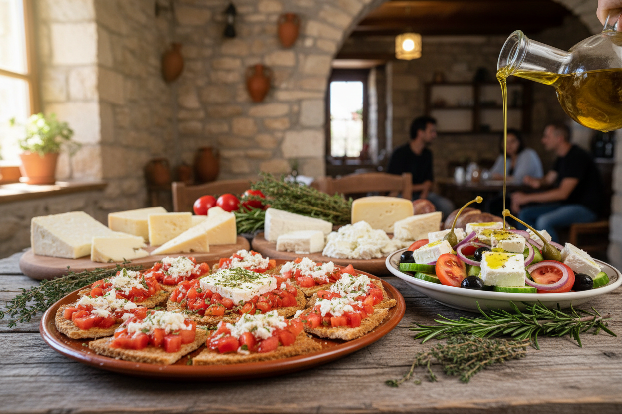olivenöl bei der traditionelle Kretanischen Küche. dakos, salat, käse